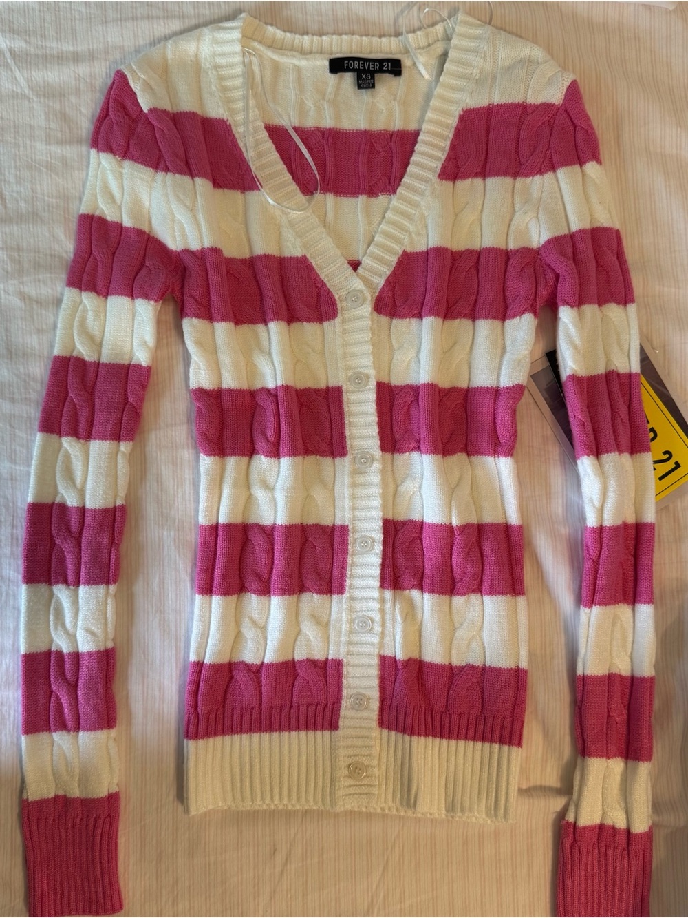 Forever 21 vintage Pink and white Striped Cable-Knit Cardigan Sweater - Picture 1 of 5